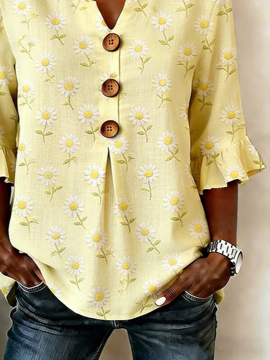 Women's Half Sleeve Blouse Summer Yellow Floral Printing V Neck Daily Going Out Vintage Top