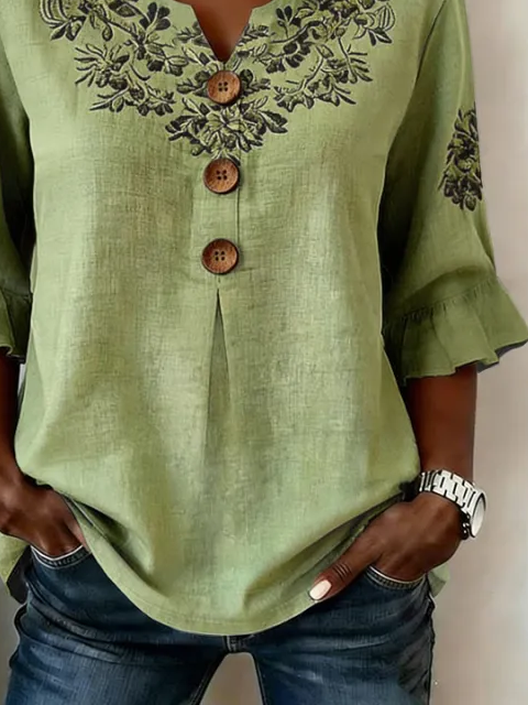 Women's Half Sleeve Blouse Summer Green Floral Printing V Neck Daily Going Out Vintage Top