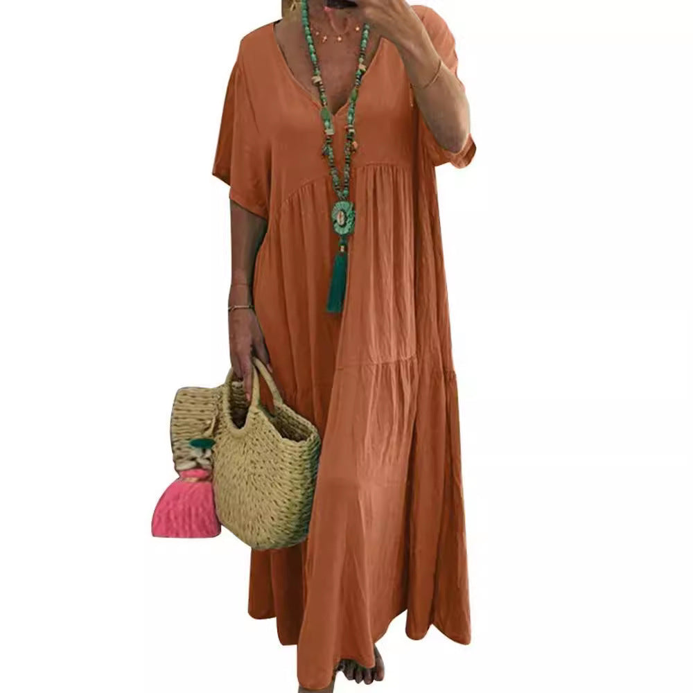 V-neck irregular long flared dress
