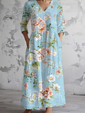 Women's Vintage Lovely Floral Art Print Pocket Cotton Dress