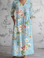 Women's Vintage Lovely Floral Art Print Pocket Cotton Dress