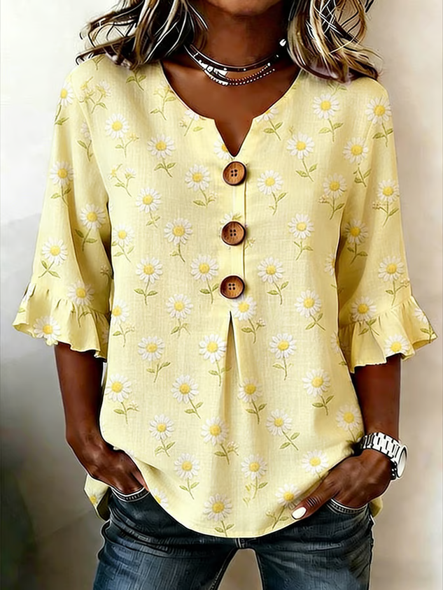 Women's Half Sleeve Blouse Summer Yellow Floral Printing V Neck Daily Going Out Vintage Top