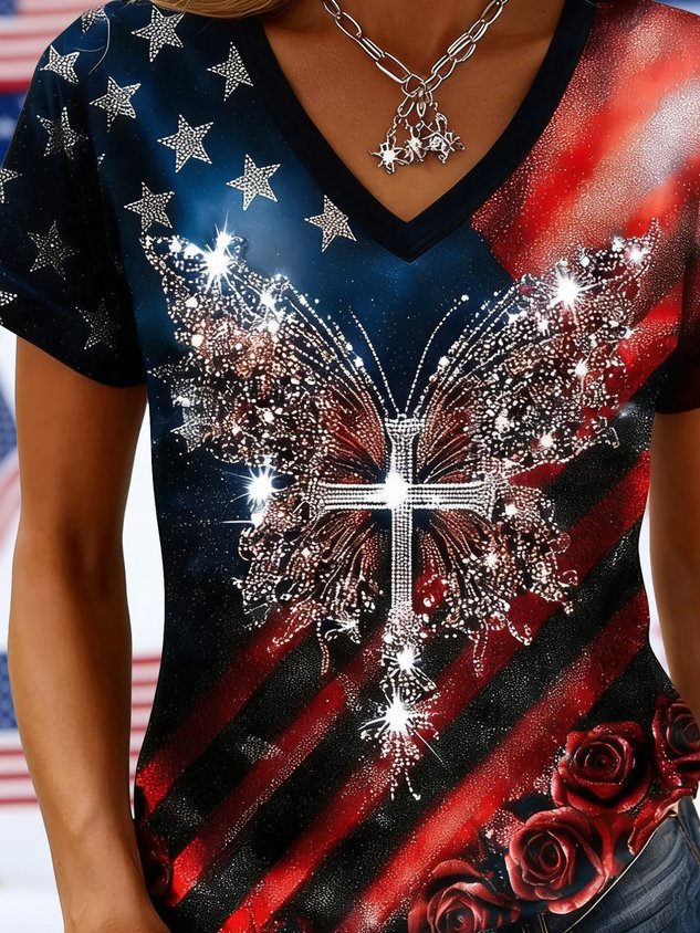 Vintage 3D Printing America Flag Floral Short Sleeve V Neck Butterfly Casual T-Shirt