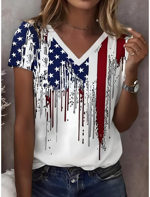 Independence Day Elegant V Neck Cotton T-Shirt