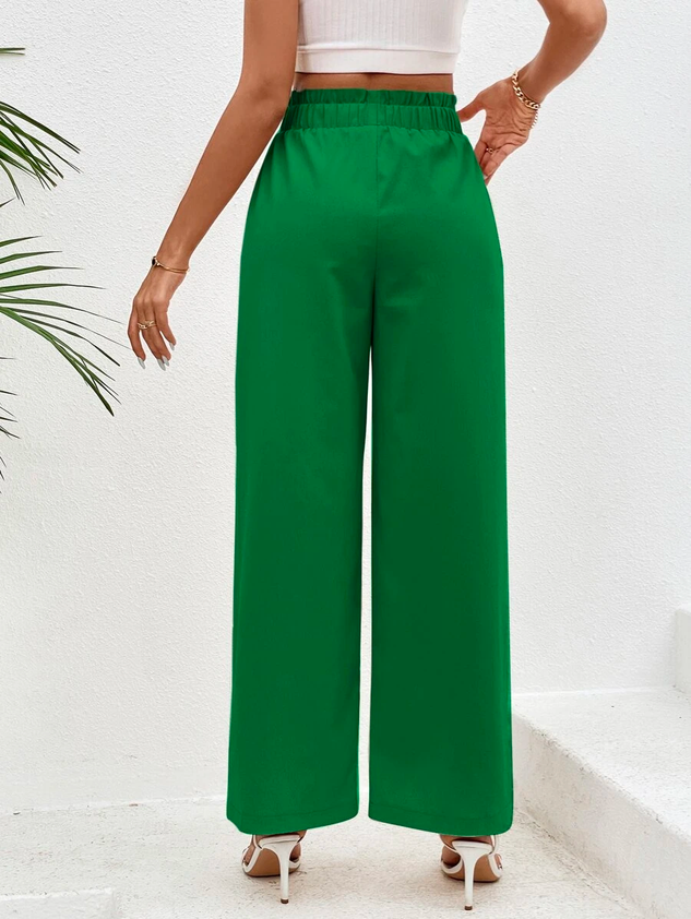 Cotton Casual Plain Paperbag Waist Wide Leg Pants