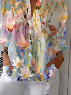 Women's Three Quarter Sleeve Shirt Spring/Fall As Picture Floral Printing Shirt Collar Daily Going Out Casual Top