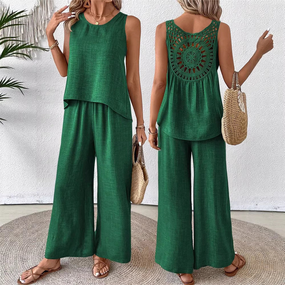 Women's Lace hollow Back Two-Piece Set | Sleeveless Top & Wide Leg Pants Casual Outfit