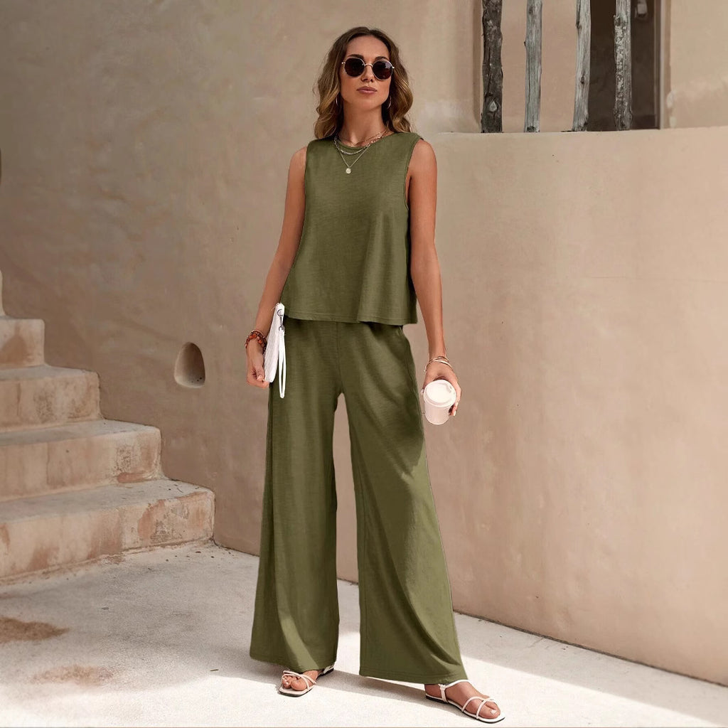 Women's Sleeveless Two-Piece Set | Casual Wide Leg Pants Outfit with Pockets