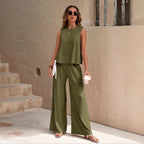 Women's Sleeveless Two-Piece Set | Casual Wide Leg Pants Outfit with Pockets