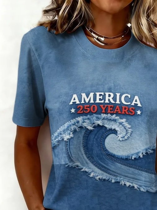 Women's Short Sleeve T-shirt Summer Blue Text Letters Printing Jersey Crew Neck Daily Going Out Casual Top