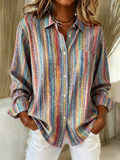 Women's Long Sleeve Shirt Spring/Fall As Picture Striped Buckle Shirt Collar Regular Sleeve Daily Going Out Casual Top