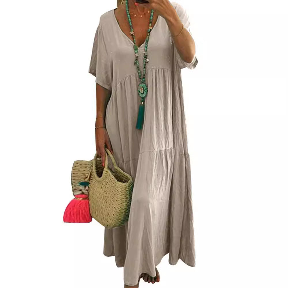 V-neck irregular long flared dress