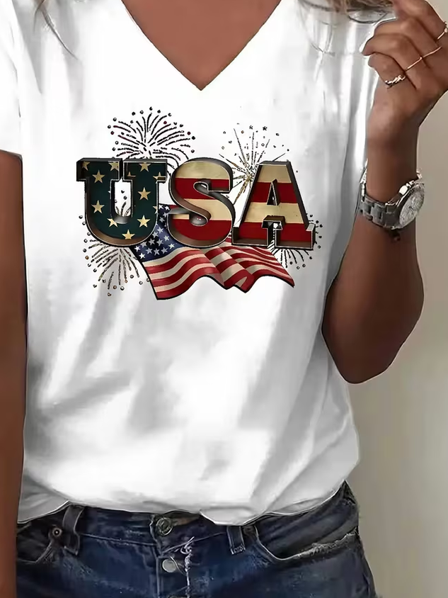 Women's USA 250th Anniversary Short Sleeve T-shirt Summer White Text Letters Jersey V Neck Holiday Going Out Casual Top