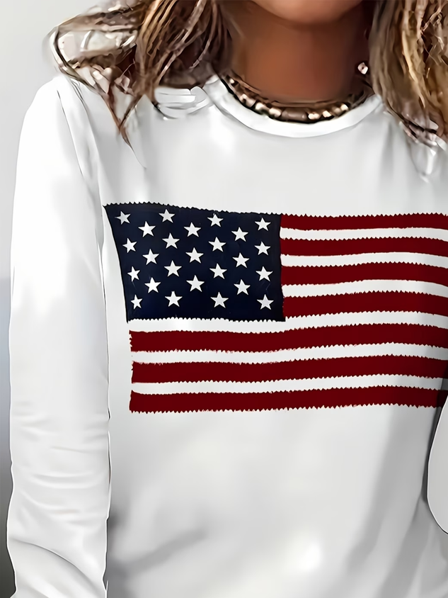 Women's Long Sleeve T-shirt Spring/Fall White America Flag Printing Jersey Crew Neck Daily Going Out Casual Top
