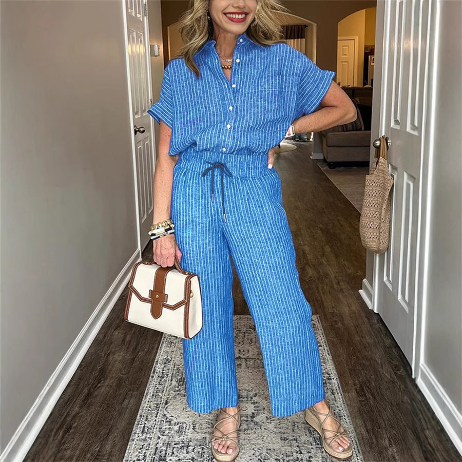 Women's Striped Cotton Linen Two-Piece Set | Short Sleeve Lapel Shirt & Drawstring Wide Leg Pants