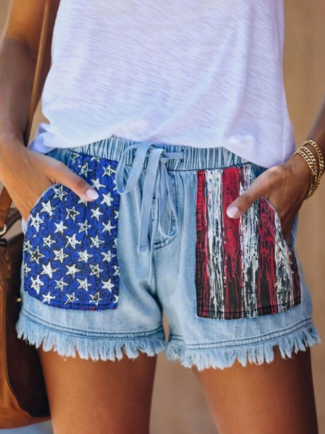 American Flag Denim Blue Straight Leg  Fake Fly  Elastic Waist Shorts