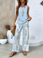 Women's Floral Leaf Two-Piece Set Light Blue Casual Summer Top with Pants