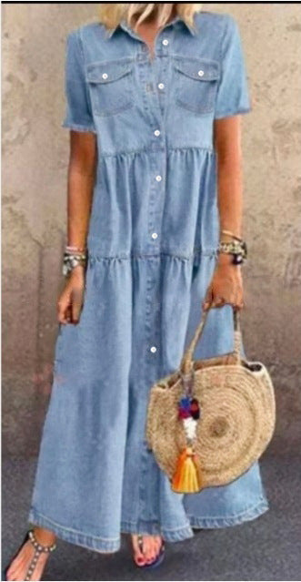 Solid color single-breasted denim dress