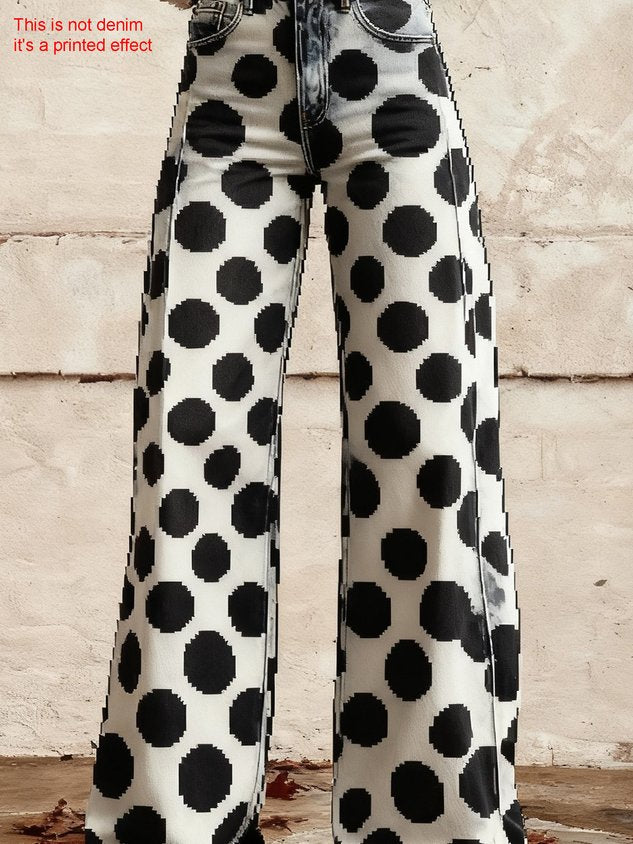 3D Printing Vintage 250th Anniversary Denim Look/Denim Effect Mid Waist Wide Leg Polka Dots Casual Pants