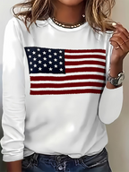 Women's Long Sleeve T-shirt Spring/Fall White America Flag Printing Jersey Crew Neck Daily Going Out Casual Top
