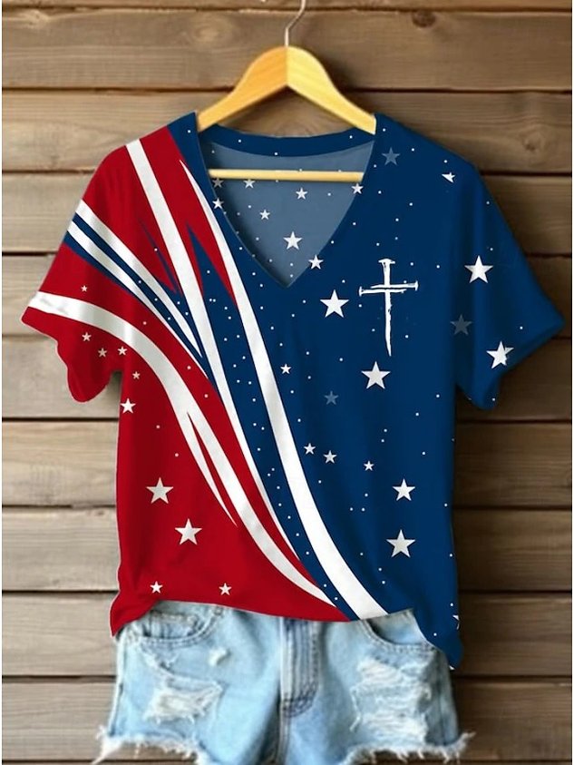 Independence Day Elegant V Neck Cotton T-Shirt