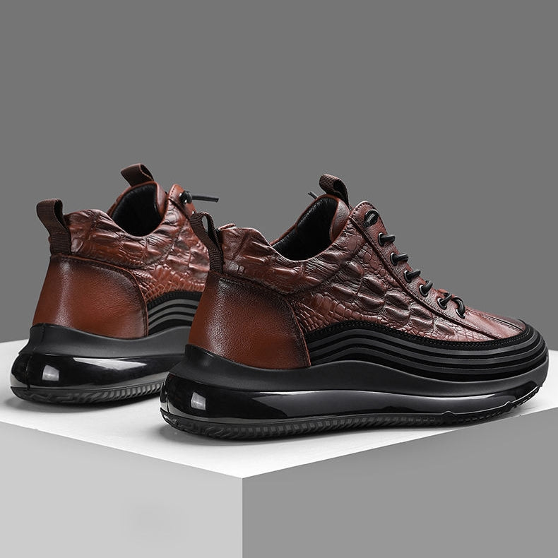 Mens Crocodile Print Genuine Leather Non-slip Arch Support Casual Sneakers