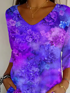 Women's Three Quarter Sleeve T-shirt Spring/Fall Purple Floral Printing V Neck Daily Going Out Casual Top