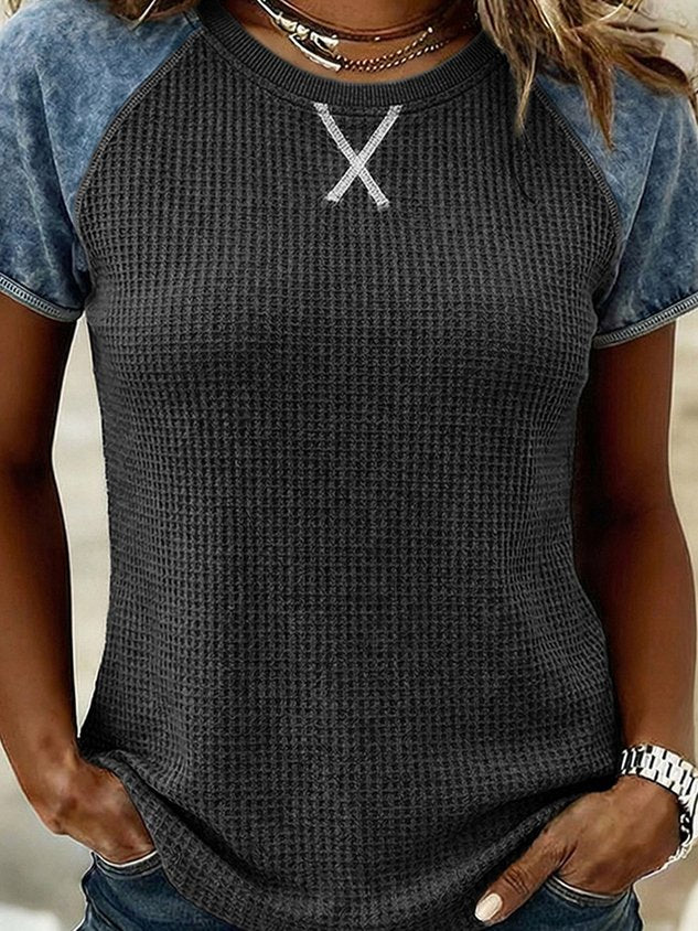 Multicolored Printed 3D Printing Color Block Denim Street Top Waffle Crew Neck Short Sleeve Going Out Casual T-Shirt