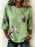 Women's Half Sleeve Blouse Summer Green Floral Printing Crew Neck Daily Going Out Vintage Top