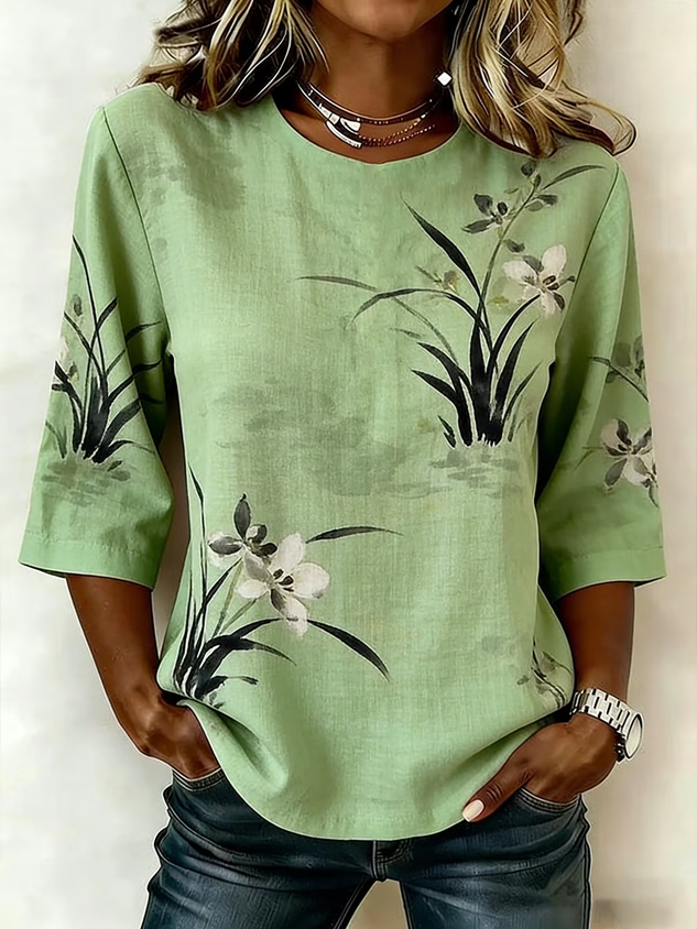 Women's Half Sleeve Blouse Summer Green Floral Printing Crew Neck Daily Going Out Vintage Top