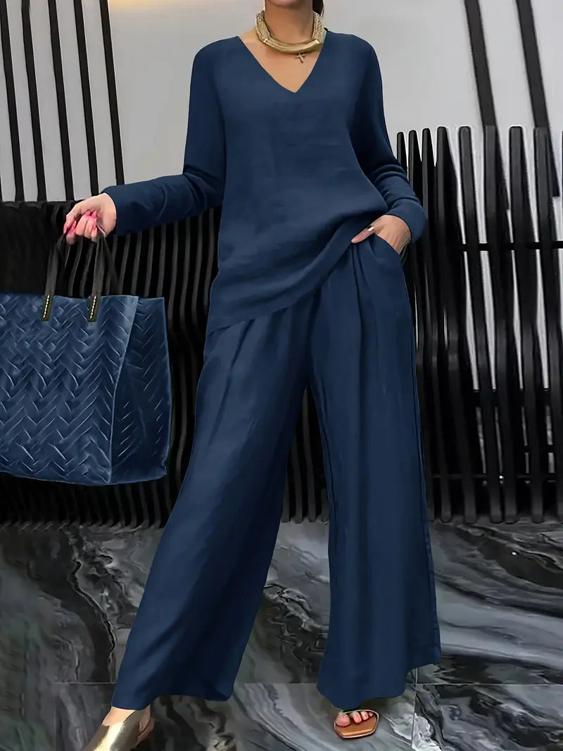 Women's V-Neck Two-Piece Set | Long Sleeve Top & Wide Leg Pants Casual Outfit