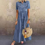 Solid color single-breasted denim dress