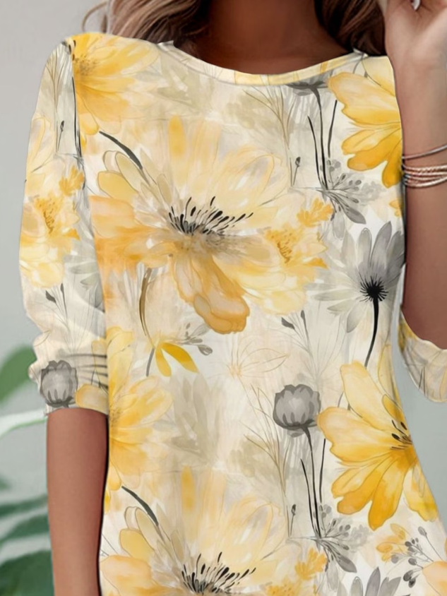 Women's Long Sleeve T-shirt Spring/Fall Yellow Floral Jersey Crew Neck Daily Going Out Casual Top