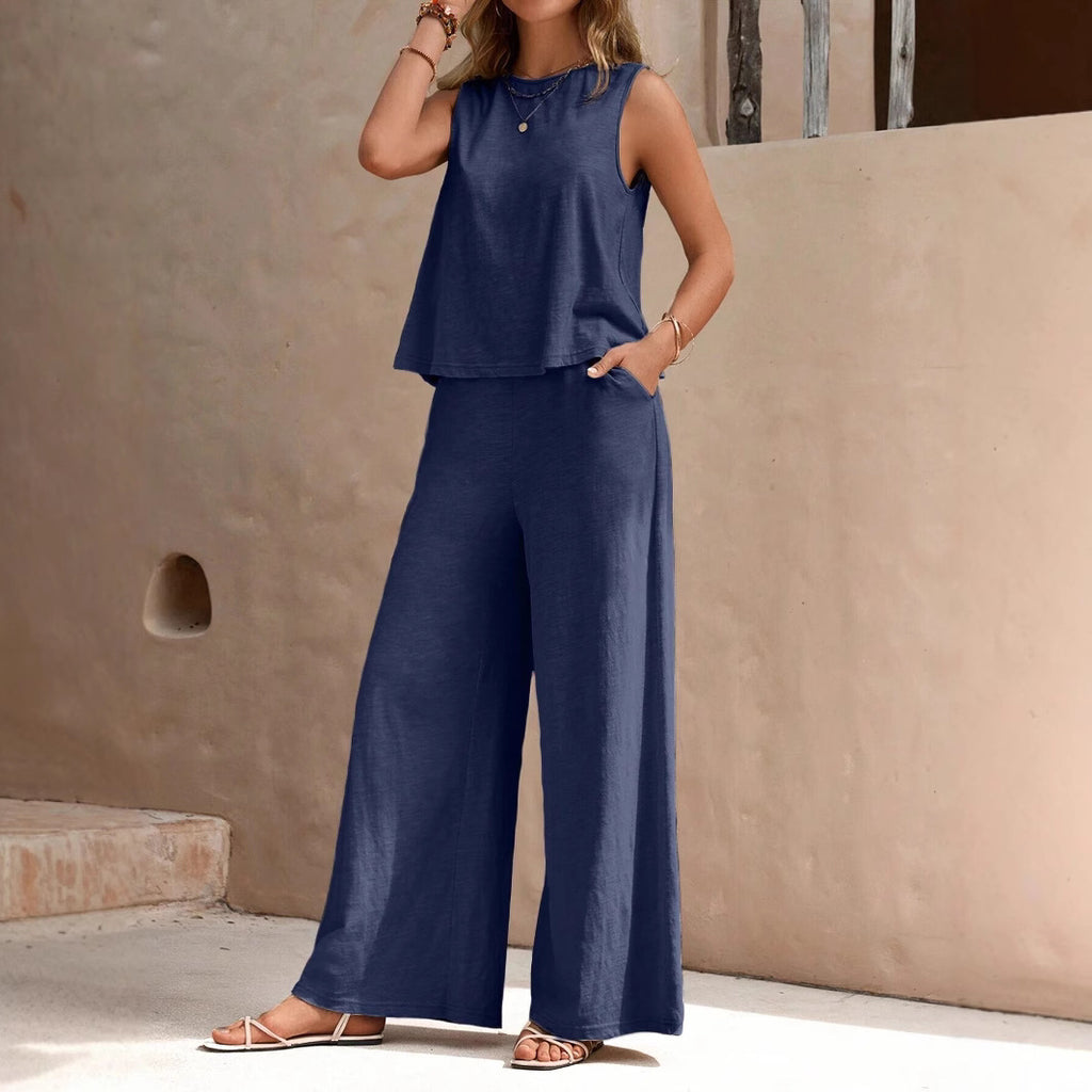 Women's Sleeveless Two-Piece Set | Casual Wide Leg Pants Outfit with Pockets