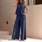 Women's Sleeveless Two-Piece Set | Casual Wide Leg Pants Outfit with Pockets