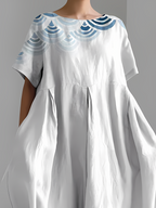 Women's Japanese Art Floral Print Vintage Round Neck Pleated Maxi Dress