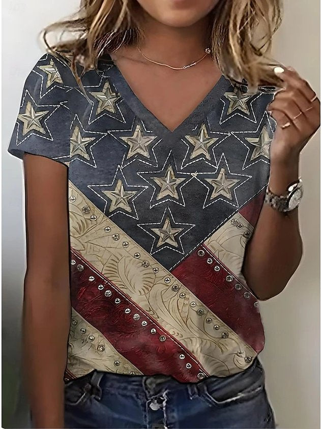 Independence Day Elegant V Neck Cotton T-Shirt