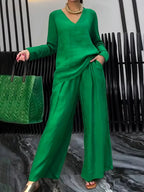 Women's V-Neck Two-Piece Set | Long Sleeve Top & Wide Leg Pants Casual Outfit