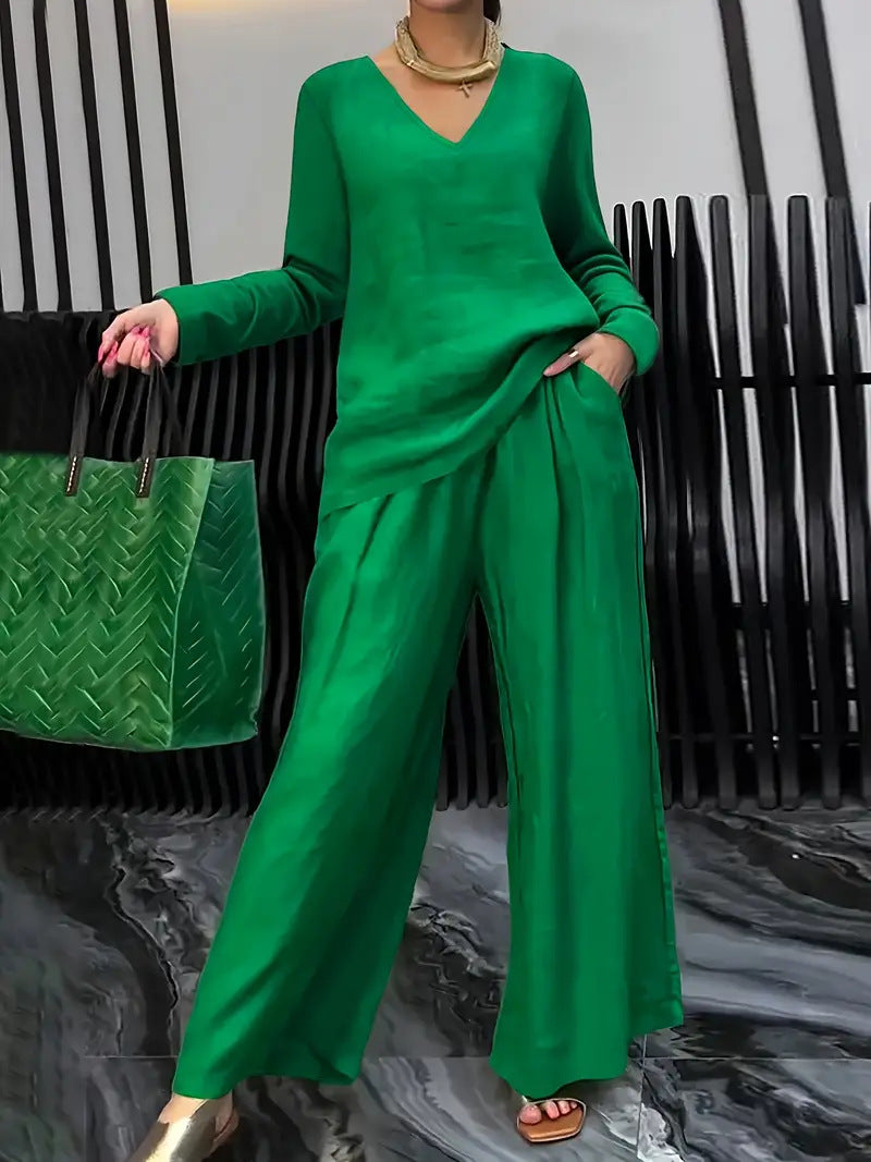 Women's V-Neck Two-Piece Set | Long Sleeve Top & Wide Leg Pants Casual Outfit