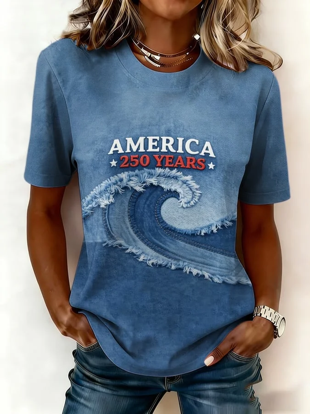 Women's Short Sleeve T-shirt Summer Blue Text Letters Printing Jersey Crew Neck Daily Going Out Casual Top