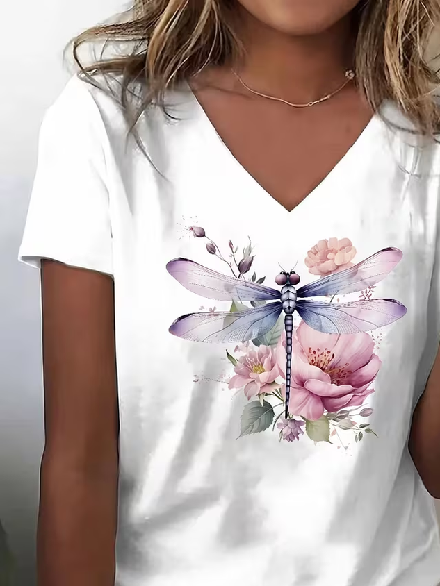 Women's Short Sleeve T-shirt Summer White Dragonfly Printing V Neck Holiday Going Out Vintage Top