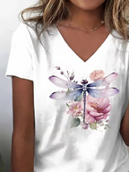 Women's Short Sleeve T-shirt Summer White Dragonfly Printing V Neck Holiday Going Out Vintage Top