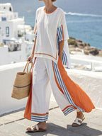 Contrast Color Striped T-shirt Linen Blend Two Piece Set