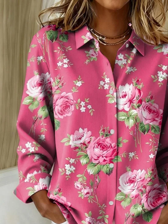 Women's Long Sleeve Shirt Spring/Fall Pink Floral Buckle Shirt Collar Regular Sleeve Daily Going Out Casual Top