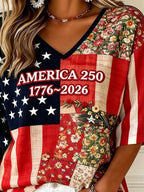 3D Printing V Neck America Flag Floral 250th Anniversary Spring Summer Vintage Casual T-Shirt