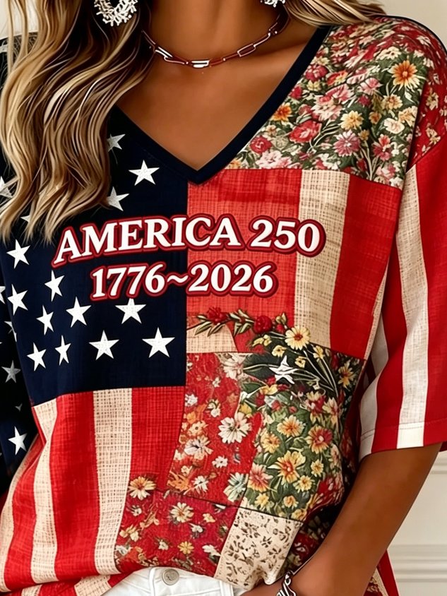 3D Printing V Neck America Flag Floral 250th Anniversary Spring Summer Vintage Casual T-Shirt