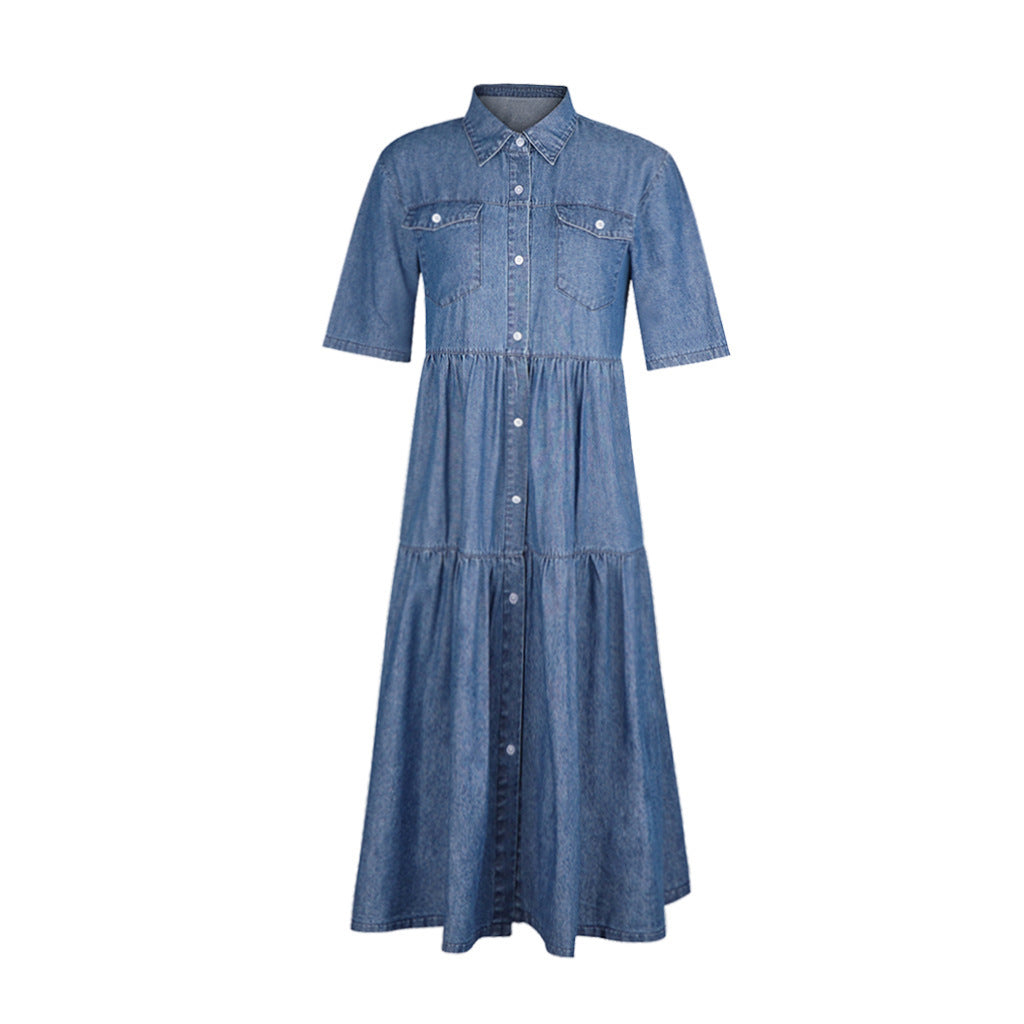 Solid color single-breasted denim dress