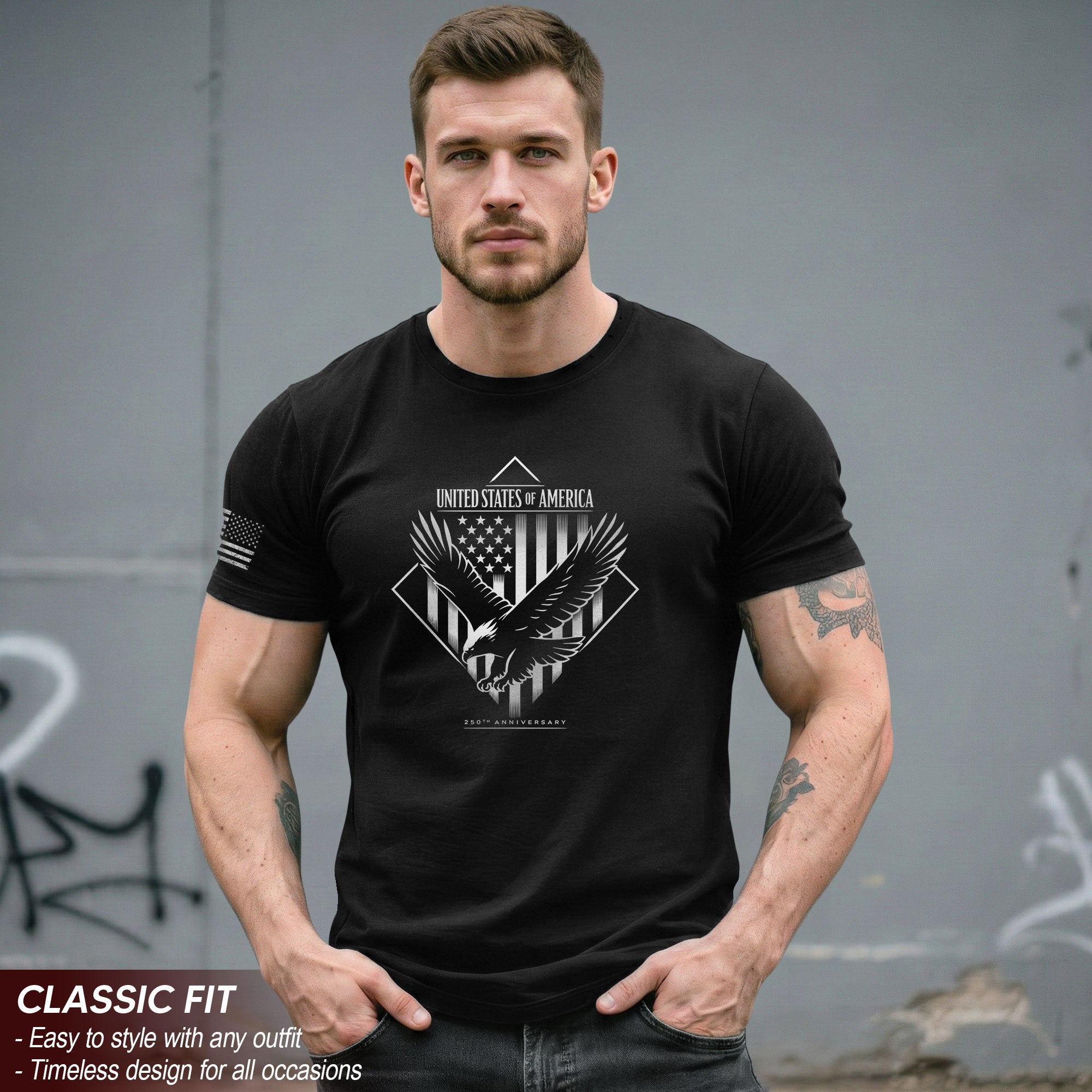 America 250th Anniversary T-Shirt - White Eagle & Flag 1776-2026 250 Years Minimalist Men's Tee