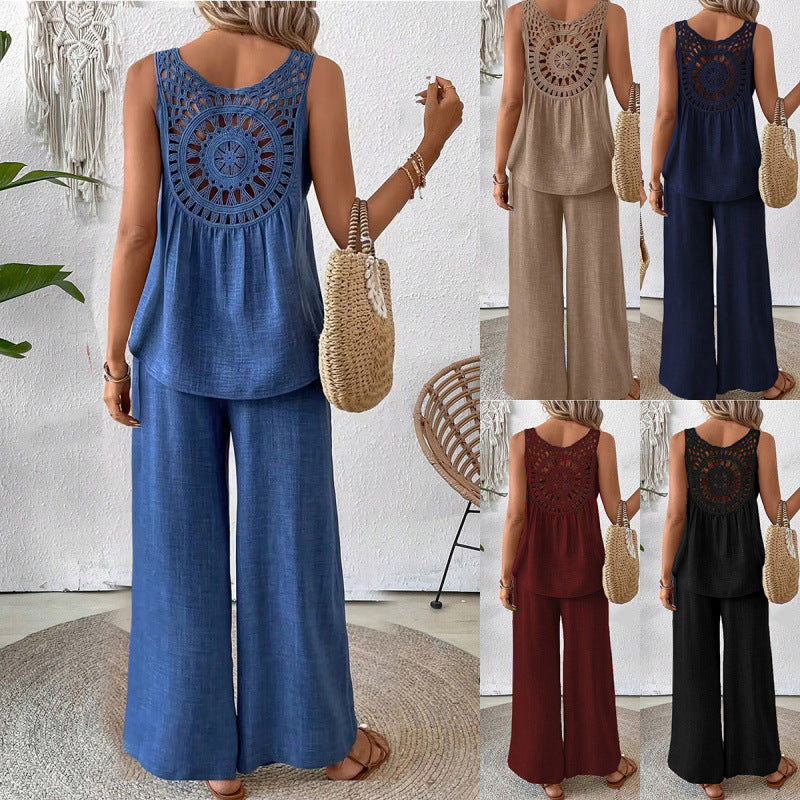 Women's Lace hollow Back Two-Piece Set | Sleeveless Top & Wide Leg Pants Casual Outfit