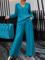 Women's V-Neck Two-Piece Set | Long Sleeve Top & Wide Leg Pants Casual Outfit
